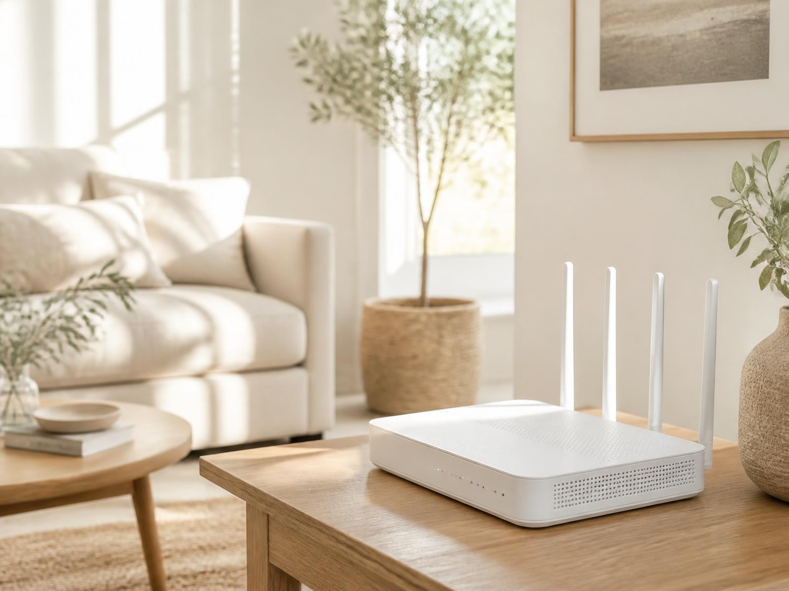 Wi-Fi router on a wooden table in a bright, warmly lit living room